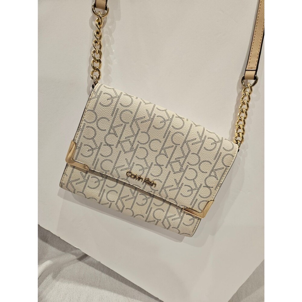 Calvin Klein Cream Monogram Crossbody with Gold Hardware